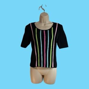 Prima Bella Black Short Sleeve Pullover Knit Top with Fun Pastel Stripes Size S